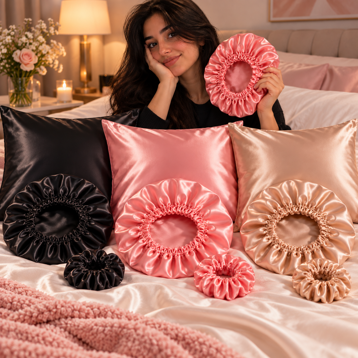 Pack complet taie + bonnet + élastique satin — 3 coloris