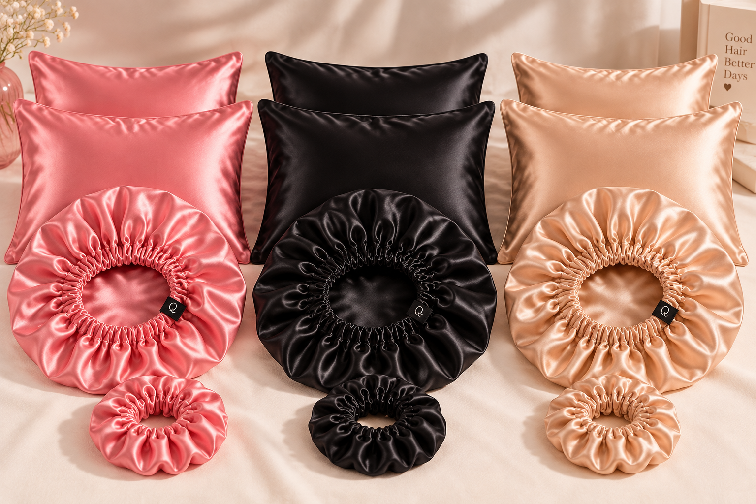 3 packs satin complets posés sur lit