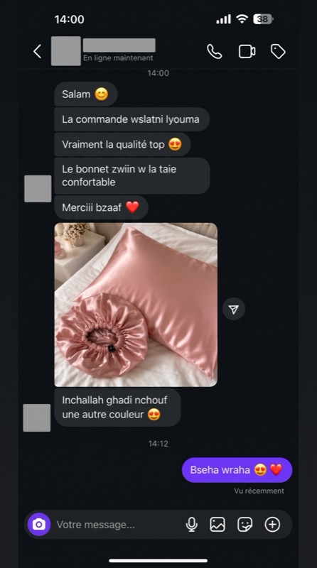 Avis cliente WhatsApp — qualité top, bonnet zwiin w la taie confortable
