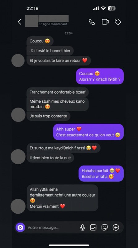 Avis cliente WhatsApp — franchement confortable bzaaf, cheveux mratbin