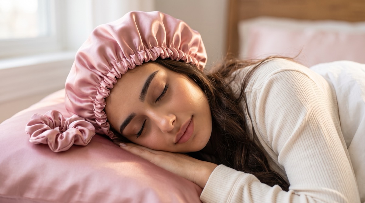 Femme dormant avec bonnet satin sur taie rose